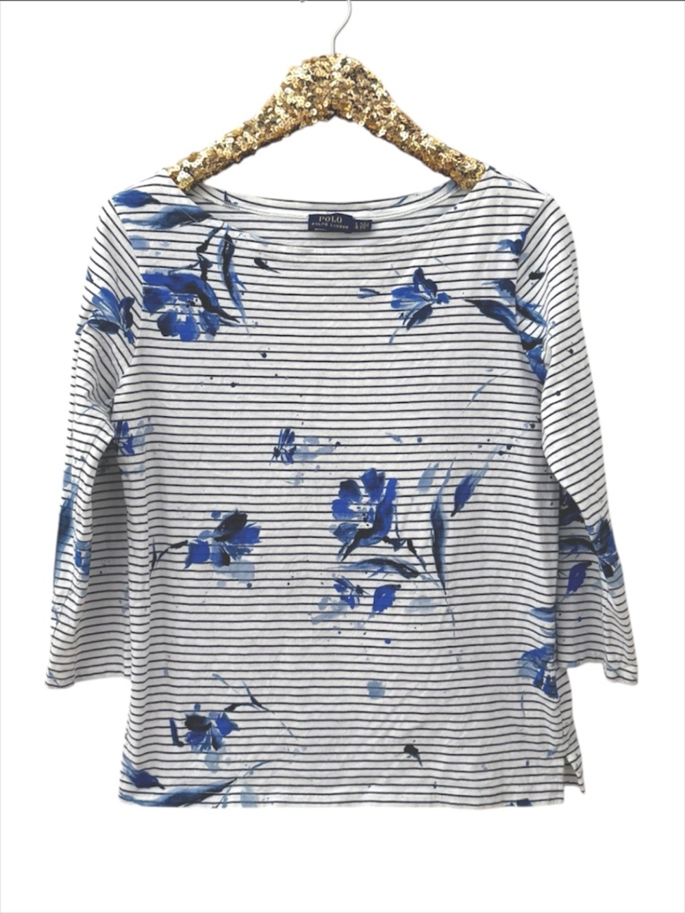 Polo Ralph Lauren Blue Stripe Floral 3/4 Sleeve Top Large